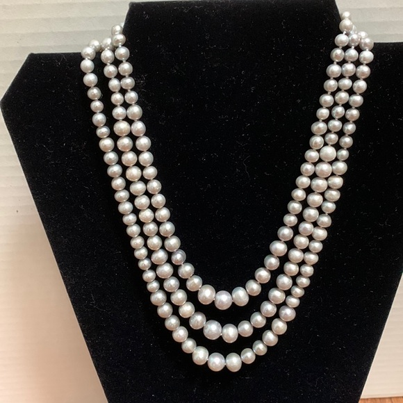 JTV Jewelry - Jewelry TV 3 strand knotted grey pearls w silver and zircon closure and extender